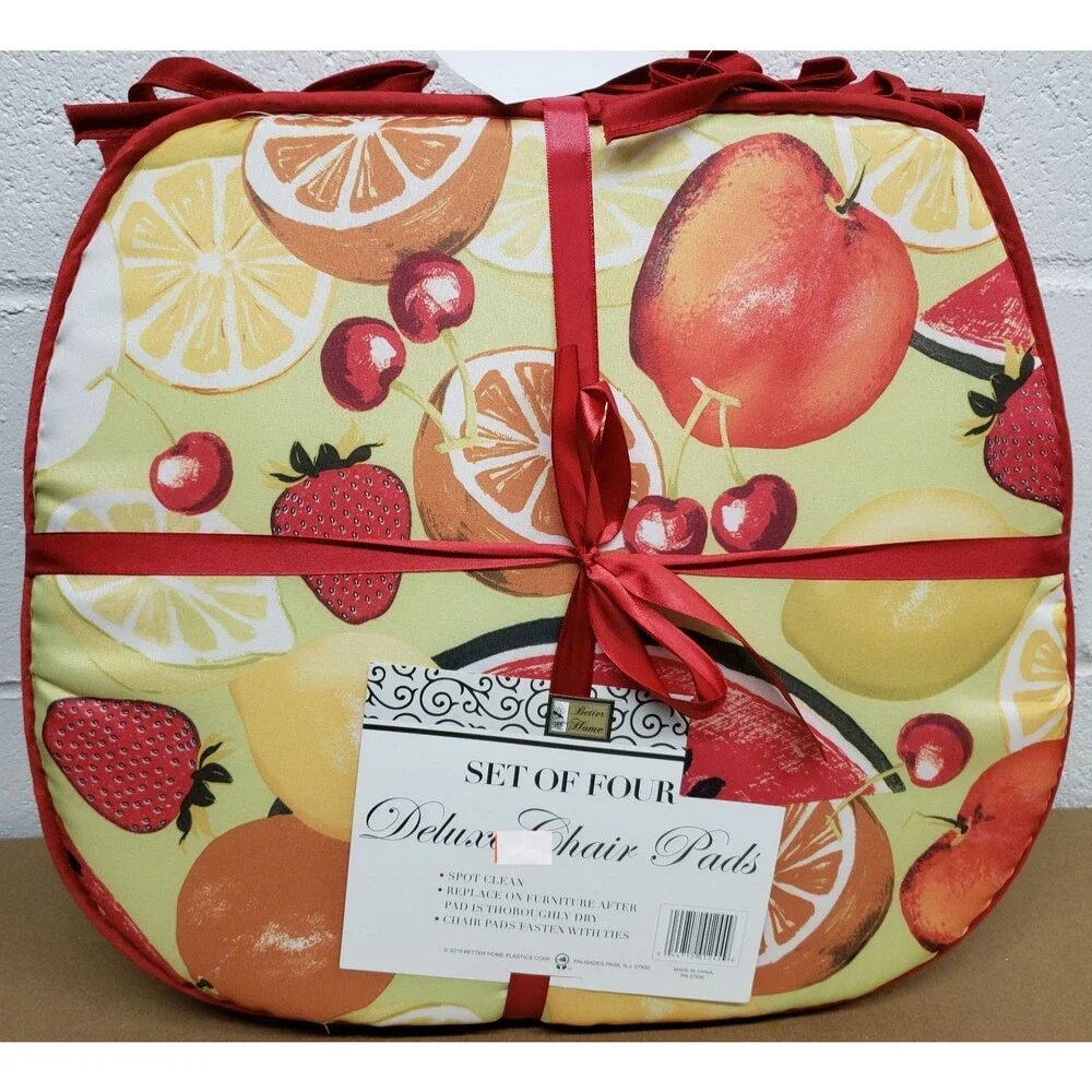 Set of 4 CHAIR PADS CUSHIONS w/ red strings, COLORFUL FRUITS ON GREEN 15
